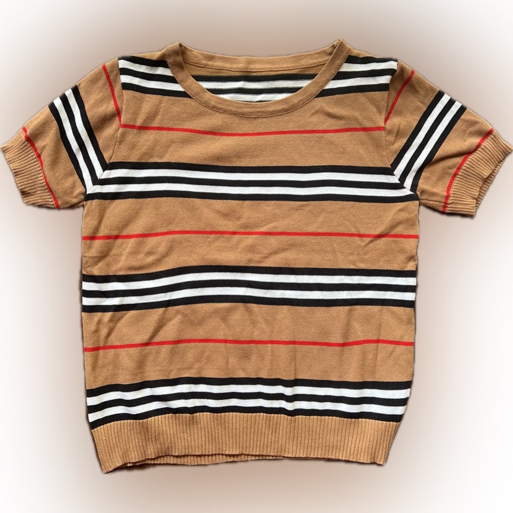 Women's Knit Top - Size S, Classic Beige Check Print